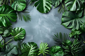 Background of large lush green tropical leaves with empty space for text.