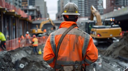 Closeup Photo of Construction Worker in Orange Safety Jacket and Helmet Standing on Construction Site with Back to Camera, Hands Behind Back