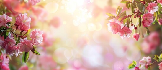 Banner of a beautiful summer landscape decorated with pink flowers on a blurred bright background with copy spact
