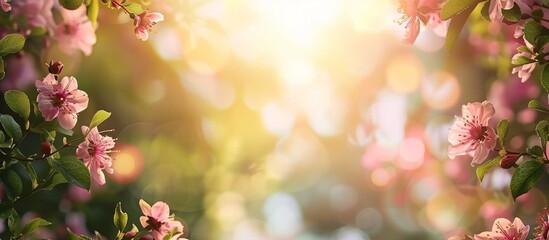 Banner of a beautiful summer landscape decorated with pink flowers on a blurred bright background with copy space
