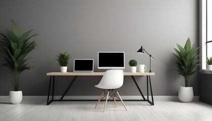 Mockup, modern office interior background with laptop, 3d render