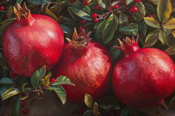 Ripe pomegranate fruits close-up on a tree in the garden. The concept of growing fruits, citrus fruits without GMOs, small business development, vegetable growing.
