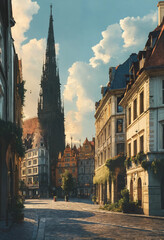 Obraz premium Cover of a modern book featuring a European city, in a realistic style