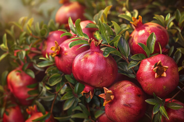 Ripe pomegranate fruits close-up on a tree in the garden. The concept of growing fruits, citrus fruits without GMOs, small business development, vegetable growing.
