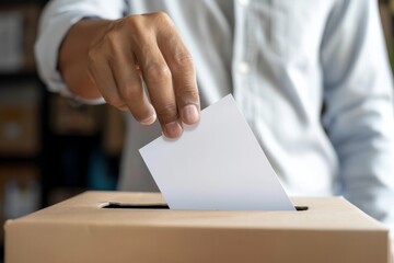 Close up of a man's hand putting a ballot into a ballot box. Election concept.
