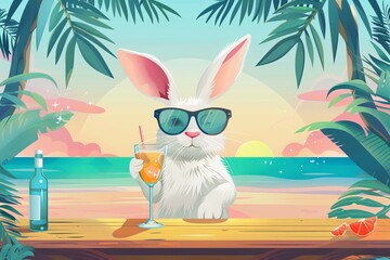 Drawn cute bunny sitting happily with a glass of juice at the bar counter in a cafe, concept of summer holiday, tourism, banner with copy space
