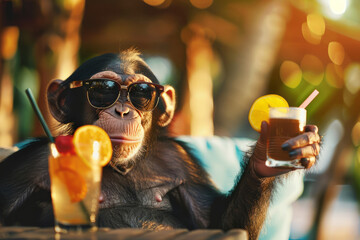 Cute monkey in sunglasses sits happily with a glass of juice in a cafe, concept of summer holidays, tourism, banner with copyspace
