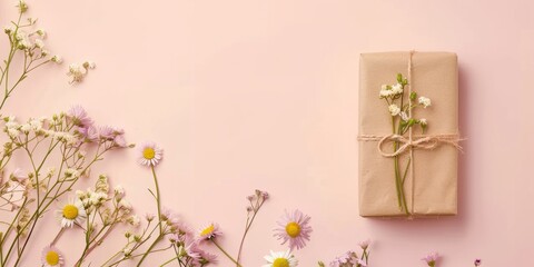 Delicate beige gift wrapping decorated with eco craft paper with wildflowers on a pink background. Celebrating Valentine's Day, wedding, anniversary or birthday, love, flat layout, top view
