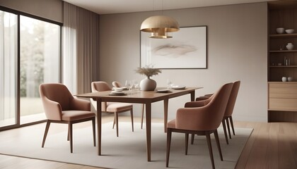 Modern stylish interior mockup with table, chair and cozy armchair, dinning, 3d render