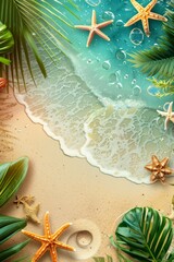 A pattern of seashells, starfish, and green tropical leaves on a blue background with copy space for advertising. Vacation, summer travel concept, vertical