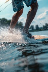 A man riding a surfboard on top of a body of water. Suitable for outdoor and adventure concepts