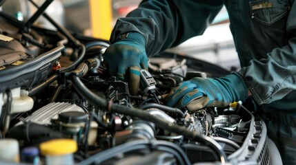 A mechanic wearing safety gloves and goggles, inspecting a car engine with a diagnostic tool, highlighting modern technology in auto repairs on wide background