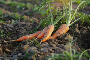 Carrot harvest close up lying on the ground in the vegetable garden. The concept for the development of horticultural farms and small businesses growing non-GMO products.

