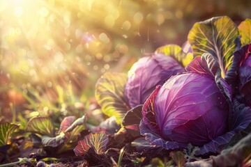 Harvest of Purple cabbage in the garden in the warm rays of the sun. The concept of growing vegetables without GMOs, small business development, vegetable growing.
