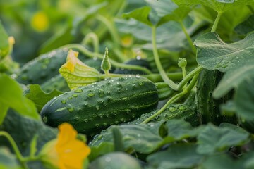 Harvest of green pimply cucumbers in the garden. The concept of growing vegetables without GMOs, small business development, vegetable growing.
