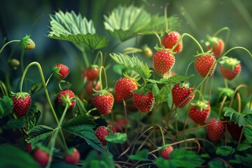 Red strawberries growing beautifully on bushes in a garden bed.