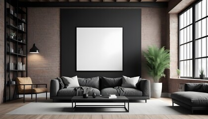 Big black poster frame mockup in loft living room interior, 3d rendering