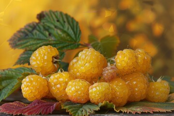 A handful of sweet ripe yellow raspberries on a blurred yellow background. Berry picking concept.