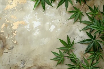 White base background decorated with hemp leaves with empty space for text.