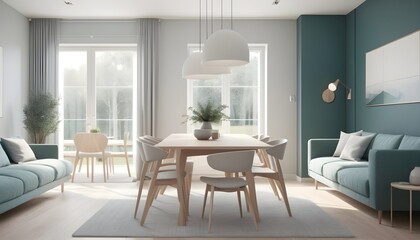 Minimal modern home, living room and dining room design, dining area