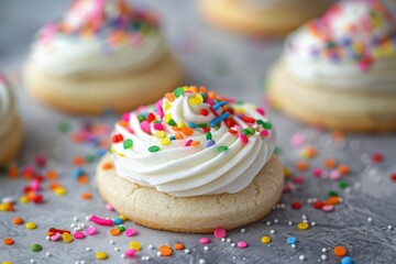 High-quality professional food photography of colorful sprinkle frosted sugar cookies