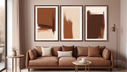 Vertical poster frame mock up in scandinavian style living room interior