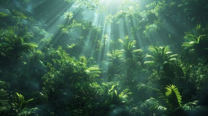Obraz premium Rainforest Canopy: Capture the dense, green canopy of a rainforest with rays of sunlight piercing through, and diverse wildlife inhabiting the treetops. Emphasize the complexity and richness of this n
