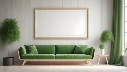 Big white frame in simple stylish interior, wooden wall and green sofa, 3d rendering
