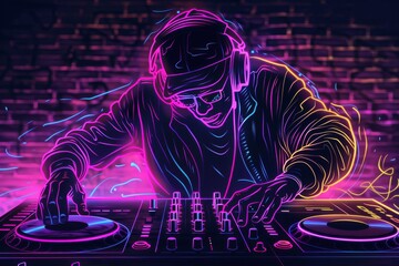 Neon dj mixing music on a turntable with headphones