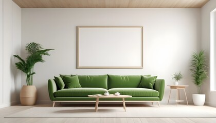 Big white frame in simple stylish interior, wooden wall and green sofa, 3d rendering