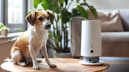 A small brown and white dog is sitting on a table next to a white cylindrical pet feeder.

