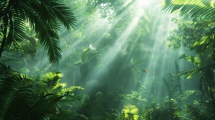 Rainforest Canopy: Capture the dense, green canopy of a rainforest with rays of sunlight piercing through, and diverse wildlife inhabiting the treetops. Emphasize the complexity and richness of this n