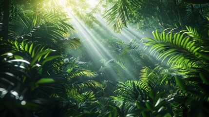 Obraz premium Rainforest Canopy: Capture the dense, green canopy of a rainforest with rays of sunlight piercing through, and diverse wildlife inhabiting the treetops. Emphasize the complexity and richness of this n