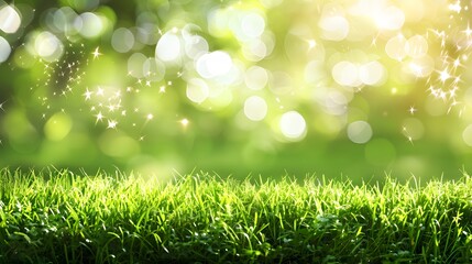 Obraz premium A fresh spring sunny garden background of green grass and blurred foliage bokeh