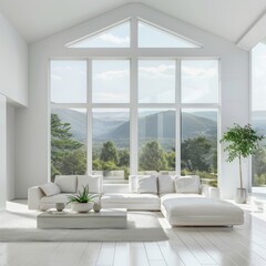 Fototapeta premium Minimalist living room in white color with a white leather sofa, expansive windows framing a vibrant summer scenery, and clean lines