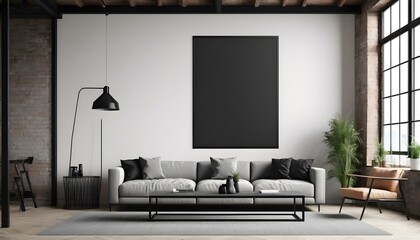 Big black poster frame mockup in loft living room interior, 3d rendering