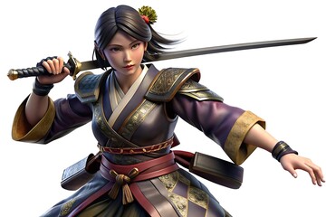 Fototapeta premium 3d Japanese female warrior with sword posing in action style , Isolated o white background 