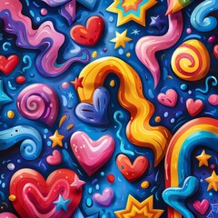Obraz premium Colorful and whimsical abstract pattern with hearts, stars, and shapes on a vibrant blue background, perfect for creative designs.
