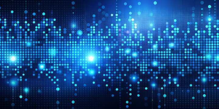 Abstract digital background with blue dots on dark blue, creating an atmosphere of artificial intelligence and data technology in the style of a futuristic banner. The gradient background adds depth.