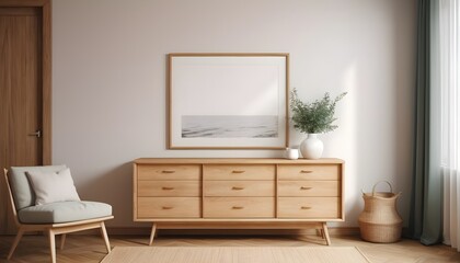blank frame mockup on wooden dresser in dining room, home interior mockup, 3d rendering