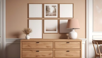 blank frame mockup on wooden dresser in dining room, home interior mockup, 3d rendering