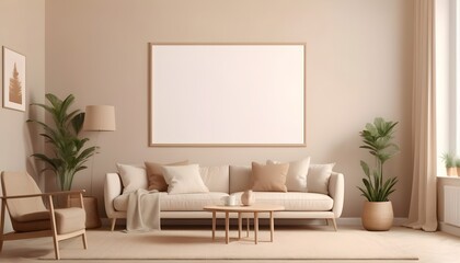Horizontal poster frame mockup in cozy beige living room, 3d rendering
