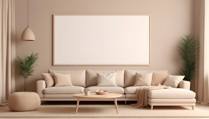 Horizontal poster frame mockup in cozy beige living room, 3d rendering