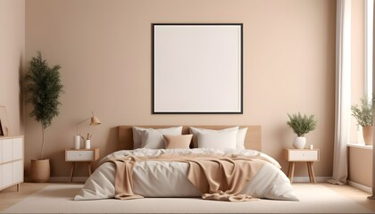 Blank poster frame mockup in modern bedroom interior background on beige wall, 3d rendering