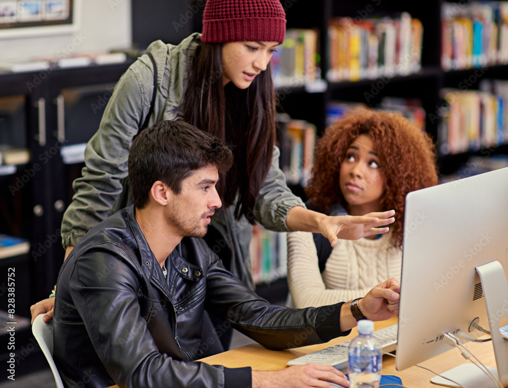 Poster University, discussion and students research for project, test or assignment in library on campus. Scholarship, knowledge and friends learning in college computer class for technology and information