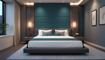 Dark bedroom interior with gray wall, stylish bed, wall light and partition, 3d render
