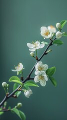 Fototapeta premium Branch With White Hawthorn Flowers and Green Leaves