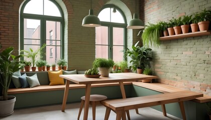 Dining area in modern wooden kitchen, 3d rendering