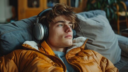 Fototapeta premium Handsome young man listening to music while relaxing on sofa at home, vacation lifestyle concept