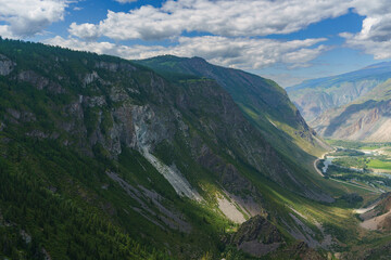 Fototapeta premium panorama of the landscape, Altai, pass, mountain slopes, valley, bends of the road, white clouds in the blue sky